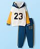 Babyhug Terry Knit Drop Shoulder Full Sleeves Hooded T-Shirt and Joggers Set With 23 Text Print - Navy Blue & White