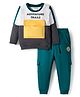 Babyhug Terry Knit Premium Light Gauge Terry Full Sleeves T-Shirt & Jogger Set with Ready For Road Trip Text Print - Teal Blue