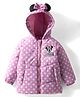 Babyhug Disney Woven Full Sleeves Hooded Winter Jacket With Minnie Mouse Graphics & Ear Bow Applique - Pink