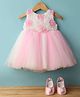 Bluebell Woven Sleeveless Mesh Party Frock with Booties & Floral Applique - Pink