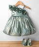 Bluebell Satin Woven Sleeveless Party Frock With Floral Corsage & Booties - Green