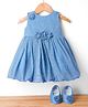 Blue Bell Net Woven Sleeveless Frock & Booties with Floral Corsage - Blue