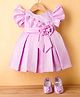 Bluebell Net Woven Frill Sleeves Party Frock With Floral Applique & Booties - Lavender