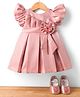 Bluebell Net Woven Frill Sleeves Party Frock With Floral Applique & Booties - Pink