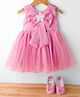 Bluebell Net Woven Sleeveless Frock With Bow Applique & Booties - Pink