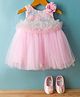 Bluebell Net Woven Sleeveless Party Frock with Floral Corsages and Booties - Pink