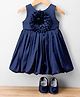 Bluebell Satin Woven Sleeveless Party Frock With Floral Applique & Booties - Navy Blue