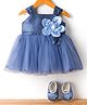Bluebell Satin Woven Sleeveless Party Frock With Floral Applique & Booties - Blue