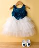 Bluebell Net Woven Sleeveless Party Frock With Floral Applique & Booties - Teal Blue
