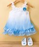 Bluebell Satin Woven Sleeveless Party Frock With Floral Applique & Booties - Light Blue & White