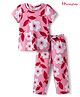 Honeyhap Premium 100% Cotton  Knit Half Sleeves Night Suit With Bio Finish & Floral Print - Candy Pink/bright White