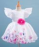 Bluebell Satin Woven Flutter Cap Sleeves Party Dress with Cherry Floral Print & Applique - White & Pink