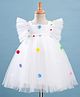 Bluebell Net Woven Frill Sleeves Party Dress with Floral Embroidery - White