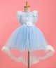 Bluebell Net Woven Sleeveless Party Frock With Floral Applique & Embroidery - Light Blue