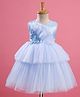 Bluebell Net Woven Sleeveless Party Dress with Frill Detailing Floral & Pearl Applique - Light Blue