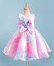 Bluebell Tissue Woven Sleeveless Party Frock With Tie & Dye Print & Floral Applique - Multicolor