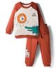 Bonfino Boys 100% Cotton Knit Full Raglan Sleeves T-Shirt & Cargo Jogger Set with Color Block Design & Animal Print - Rust Orange & Cream