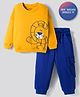 Bonfino 100% Cotton Knit Drop Shoulder Oversized Full Sleeves T-Shirt & Jogger Set With Lion Print - Yellow, Navy Blue