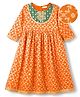EARTHY TOUCH Brocade Woven Three Fourth Sleeves Ethnic Dress with Floral Foil Print - Rust Orange