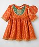 EARTHY TOUCH Cotton Woven Half Sleeves Ethnic Dress With Floral Print & Embriodery - Rust Orange