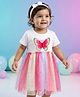 Babyhug Cotton Knit Half Sleeves Frock With Hairband & Butterfly Print - Pink & White