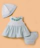 ToffyHouse Cotton Knit Sleeveless Frock Bloomer & Cap with  Floral Applique Stripes & Heart Print - Light Blue