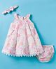 ToffyHouse Cotton Knit Sleeveless Floral Printed Frock with Bloomer & Headband - Light Pink