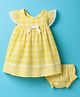 ToffyHouse Cotton Knit Frill Sleeves Checks Dress With Bow Applique & Bloomer - Yellow