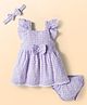 ToffyHouse Cotton Knit Frill Sleeves Checks & Floral Printed Frock With Bloomer & Headband - Lavender