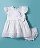 ToffyHouse Cotton Woven Frill Sleeves Solid Frock With Bow Applique & Bloomer - White