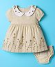 ToffyHouse Cotton Woven Half Sleeves Peter Pan Collar Frock & Bloomer With Floral Embroidery - Beige