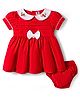 ToffyHouse Cotton Woven Half Sleeves Floral Embroidered Frock With Bow Applique & Bloomer - Red
