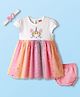 Babyhug Cotton Knit Cap Sleeves Cat Printed Frock With Bloomers & Headband - White & Pink