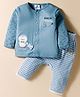 First Smile Interlock Knit Full Sleeves Night Suit With Text Print & Animal Embroidery - Blue