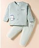 First Smile Interlock Knit Full Sleeves Night Suit with Animal Embroidery & Text Print - Light Green