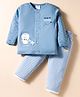 First Smile Interlock Knit Full Sleeves Night Suit with Animal Embroidery & Text Print - Blue