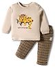 Ollypop Interlock Knit Full Sleeves T-Shirt With Trouser Set With Checks & Animal Print - Tan
