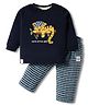 Ollypop Interlock Knit Full Sleeves T-Shirt With Trouser Set With Checks & Animal Print - Navy Blue