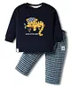 Ollypop Interlock Knit Full Sleeves T-Shirt With Trouser Set With Checks & Animal Print - Navy Blue