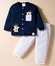 Ollypop Interlock Knit Full Sleeves Night Suit with Bear Patch Detailing & Stripes - Navy Blue