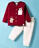 Ollypop Interlock Knit Full Sleeves Night Suit With Animal Embroidery - Maroon