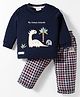 First Smile Interlock Knit Full Sleeves T-Shirt & Checks Lounge Pant Set With Animal Embroidery - Navy Blue