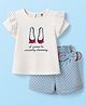 ToffyHouse Cotton Knit Half Sleeves Top & Striped Shorts Set With Ballerina Print & Bow Applique - White & Light Blue