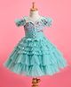 Enfance Cold Shoulder Sleeves Pearls Embellished & Floral Printed Knee Length Dress - Sea Green