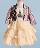 Enfance Floral Embroidered & Sequins Embellished Layered Dress With Full Sleeves Paisley Printed Shrug Set - Fawn