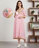Bella Mama Woven Three Forth Sleeves Floral Printed Yoke Maternity Dress With Border Detailing - Pink