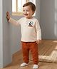 Babyoye 100% Cotton Knit Full Sleeves T-Shirt & Joggers Set with Best Friend For Ever Embroidery - Beige & Rust Orange