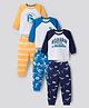 Bonfino 100% Cotton Knit Raglan Full Sleeves Night Suit With Text Print Pack Of 3 - Yellow Blue & Navy Blue