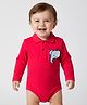 Babyoye 100% Cotton Knit Full Sleeves Collared Onesie With Animal Patch Applique - Red