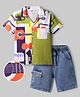 OLLINGTON ST. Cotton Sinker Knit Half Sleeves Shirt & Denim Shorts with Musical Print - Multicolor Olive Green & Indigo